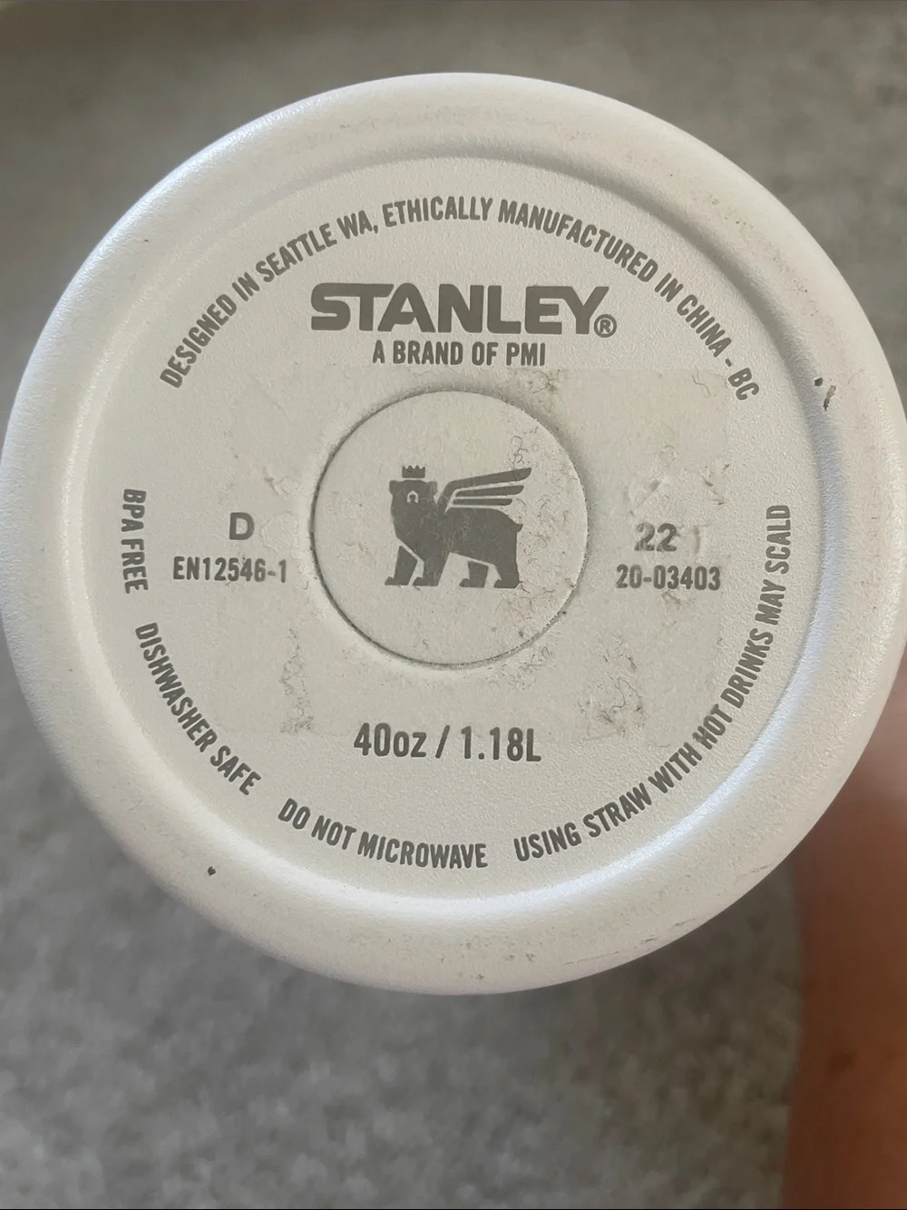 Stanley 40 ounce tumbler White w/ silver trim, lid, handle   * No straw*